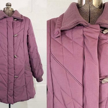 Vintage Winter Coat Puffy Puffer Mauve Taupe Quilted Lined Duffle Jacket Hipster Sleeping Bag Cozy Purple Medium Small 1980s 