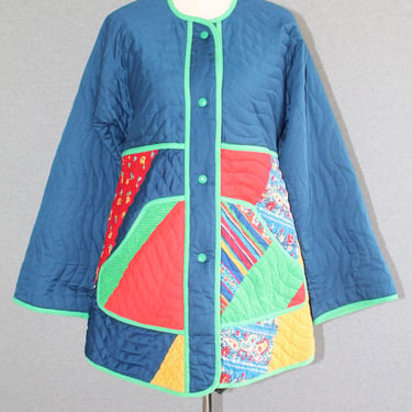 1980s - JEANNE MARC - Quilted Jacket - Color Blocked - Textile Art - Op Art - Peace Doves - for Saks FifthAvenue 