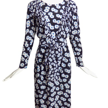 YVES SAINT LAURENT- 1980s Floral Print Silk Dress, Size 6