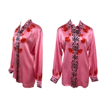 Vtg Vintage 1980s 80s Designer Primo Escada Novelty Rose Print Pink Silk Blouse 