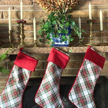 Individual Juliska Stewart Tartan Plaid Christmas Stockings~  Red Velvet back vintage Christmas Mantle Designer Stockings~ 5 for sale 