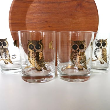 12oz Vintage Owl Glasses In 22kt Gold By Couroc, Set of 4 Mid Century Large Double Rocks Barware 