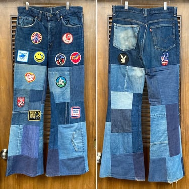 Vintage 1970’s w34 Levi’s 517 Single Stitch Hippie Peace Patchwork Denim Flare Jeans Pants, 70’s Vintage Clothing 