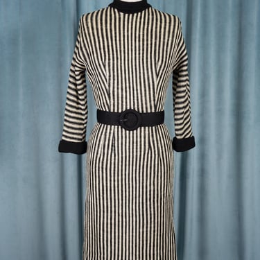 Vintage 1950s Algo Original Black and Ivory Striped Wool Knit Dress with Reverse Collar 
