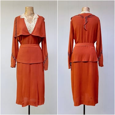 Vintage 1930s Rayon Peplum Dress, 30s Rust Wounded Bird w/Soutache Trim Capelet Collar, Fab but Flawed Depression Era Frock, Medium, VFG 
