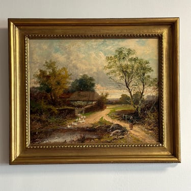 19th Century Original British Oil Painting, Geese/Ducks by a Cottage Pond, Joseph Thors 