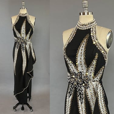 1980s Beaded Gown / Rholand Roxas Evening Gown / Show Gown / Backless Dress / Vintage Evening Wear / Size Small 