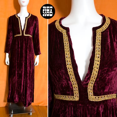 Magical Vintage 70s Burgundy Velvet Maxi Dress with Gold Trim & Rhinestones 