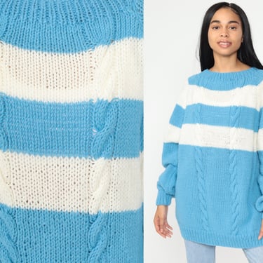 Cable Knit Sweater 80s Striped Sweater Blue White Knit Boho Pullover Cableknit Sweater 1980s Jumper Cozy Vintage Fall Extra Large xl 