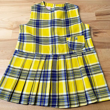Vintage Children's Yellow Dress Plaid Pleated Skirt Kid's Sleeveless Girl's Dress Children Blue Navy 1960s 60s 