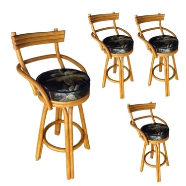 Restored Three Strand Pair of Rattan Bar Stool with Arch Armrests and Legs 