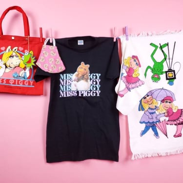 Miss Piggy bundle! 1980s Jim Henson. Tote, t shirt, hand towel & wash cloth, + a face mask! (Size S tee. Deadstock bag) 