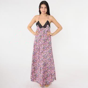 Vintage Floral Nightgown Lingerie Black Lace Slip Dress 80s Maxi Nylon V Neck Criss-Cross Spaghetti Strap Low Back 1980s Large L 