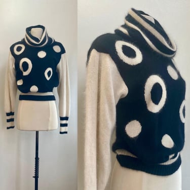 Vintage 80s Sweater / ANGORA + Lambswool Turtleneck Pullover / Black + White Abstract Dots + Circles + Stripes / Richard & Co Ltd. 