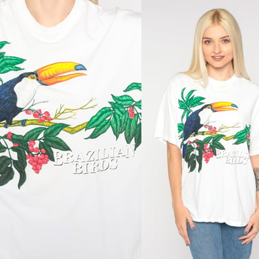 Brazilian Birds Shirt 90s Tropical Bird T-Shirt Toucan Graphic Tee Retro Brazil Rainforest Wildlife Animal TShirt Vintage 1990s Medium 