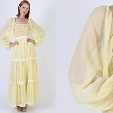 Candi Jones Smocked Cottagecore Dress Long Pale Yellow Bohemian Gown 70s Boho Renaissance Festival Maxi Sundress 