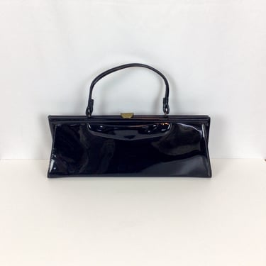 Vintage 60s purse | Vintage black patent leather bag | 1960s Top handle handbag 
