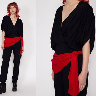 Small 80s Black Red Sash Jumpsuit | Vintage Slouchy V Neck Blouson Pantsuit 