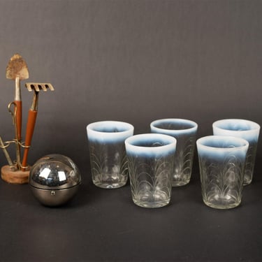 White Opalescent Rim Glasses, Orb Ashtray, Mini Garden Tools