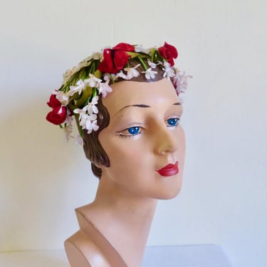 1950's Red White Green Floral Fascinator Silk Velvet Roses Leaves Dangling Flowers Wedding Bridal Hats 50's Spring Summer Millinery Coralie 