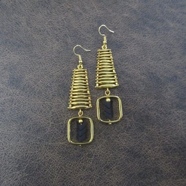 Brass ethnic earrings, large statement earrings, chunky bold earrings, etched metal earrings, black arrow earrings, modern industrial 