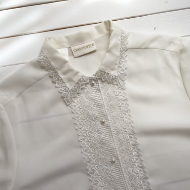 cream lace blouse | 80s 90s vintage ivory white lace collar antique cottagecore long sleeve shirt 