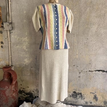 Vintage 1930s Colorful Striped Cotton Knit Dress Set Blouse & Skirt  Art Deco