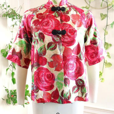 Vintage 1960s Jacket | 60s Metallic Rose Pink Floral Cocktail Cheongsam Blouse Tea Timer Top | small/medium 