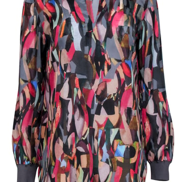 Lafayette 148 - Grey &amp; Multi Color Abstract Print Long Sleeve Collarless Shirt Sz S