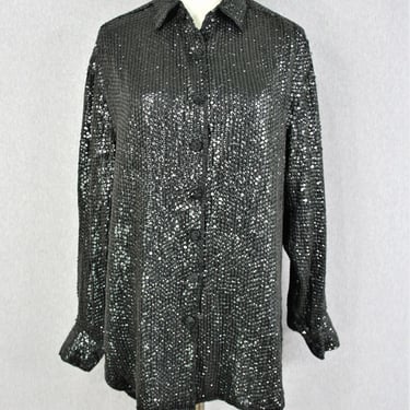 1990s' - Beaded and Sequined - Trophy - Sparkle - Tunic - Buttondown -  Shirt - Blouse - by Icing 