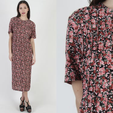 Vintage 90s Ditsy Floral Rose Dress, Cottage Style Grunge Festival Outfit, Casual Black Sheath Day Maxi 