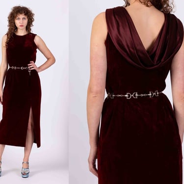 80s Maggy London Wine Red Velvet Midi Dress - Large | Vintage High Slit Low Draped Back Sleeveless Party Dress 