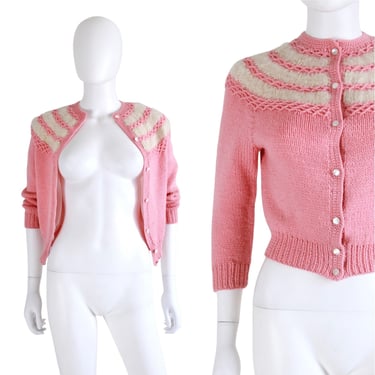 1950s Bubblegum Pink Knit Cardigan Sweater - 50s Pink Knit Sweater - 50s Cardigan - 1940s Pink Sweater - Vintage Knitwear | Size XS / Small 
