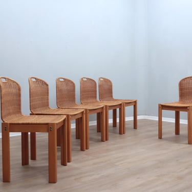 Curved wicker and wood chairs 1970s, set of 6 