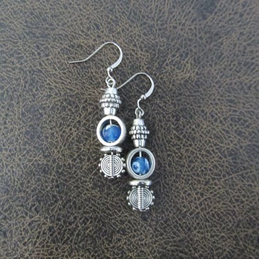 Tibetan agate and silver bohemian earrings blue and white 