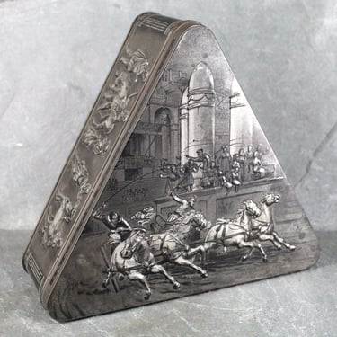 UNUSUAL Vintage Triangular Silver Cookie Tin with Roman Colliseum Imagery | circa 1960s/1970s 