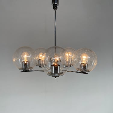 1970's Chrome & Clear Bubble Glass Five-Arm Chandelier / Vintage Glass Chandelier / Transparent Glass Balls 