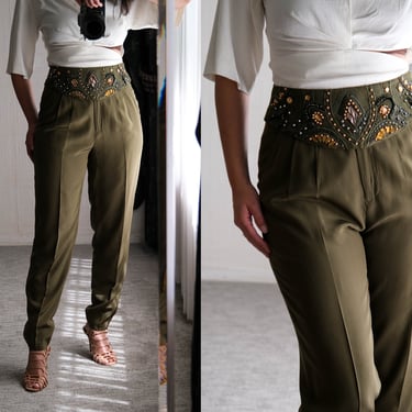 Vintage 80s EREZ for LILLIE RUBIN Olive Silk Leather Trimmed Tapered Pants w/ Sequined & Beaded Belt | 100% Silk | 1980s Designer Silk Pants 