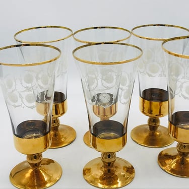 Vintage Unique Set of 6 - Dessert/Cocktail Glass with Top and Base Gold Rim  6" H - 8 oz White Vine Design- Great Condition 