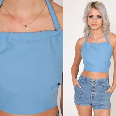 70s Halter Top Baby Blue Crop Top Open Back Tank Top Cropped Shirt Backless Hippie Boho Festival Seventies Party Vintage 1970s Summer Small 