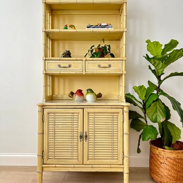 Vintage Henry Link Bali Hai Louvered Cabinet with Hutch - Yellow Faux Bamboo - Bookshelf 