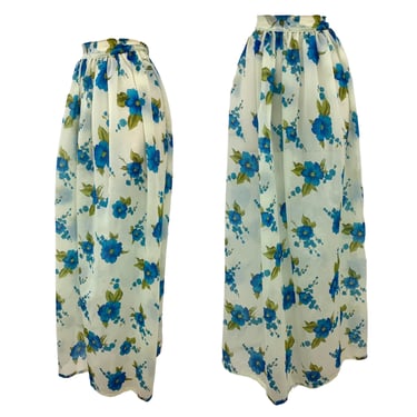 Vtg Vintage 1960s 60s Woodstock Era Sheer Bright Blue Floral Layering Maxi Skirt 