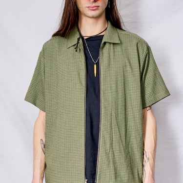 Green Houndstooth Suiting Zip Camp Shirt