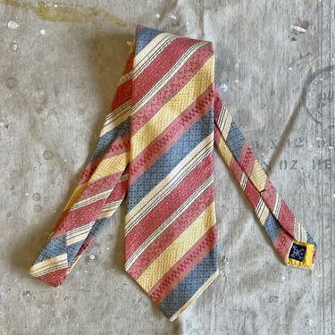 Vintage 1970s Polo Ralph Lauren Paul Stuart Blue Cream Red Yellow Textured Linen and Silk Striped Necktie 