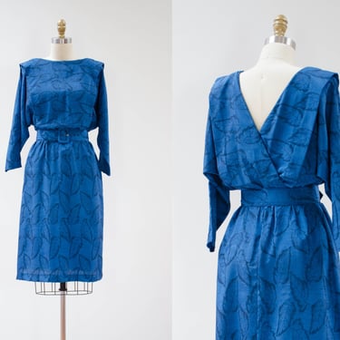 low back dress | 80s vintage bright blue leaf pattern romantic cute cottagecore knee length dress 