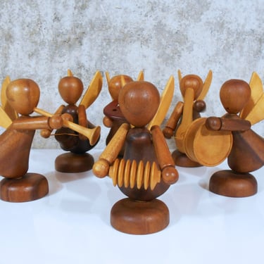 Christmas Angel Band / Orchestra - Set of Six Handmade Wooden Angel Figurines 