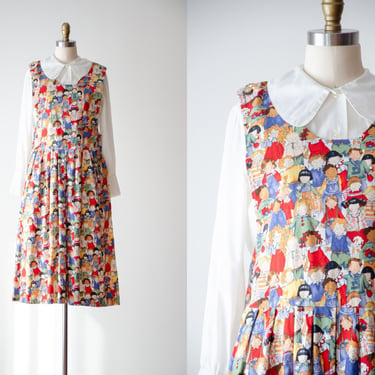 cute cottagecore dress | 80s 90s vintage Kade Collection school children teacher novelty print sleeveless pinafore dress 