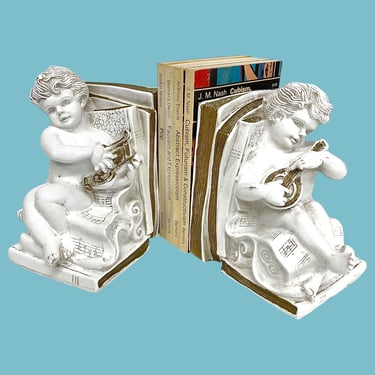 Vintage Cherub Bookends Retro Hollywood Regency + Universal Statuary Corp + #995 + White and Gold Plaster + Set of 2 + Book Display/Storage 