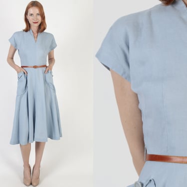 Formfitting 40s Art Deco Pencil Dress Minimalist Back Zip Dress Unicolor Full Skirt With Pockets 