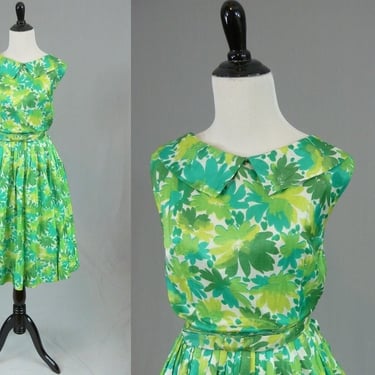50s 60s Green Floral Dress - Full Skirt - Vintage 1950s 1960s - S 